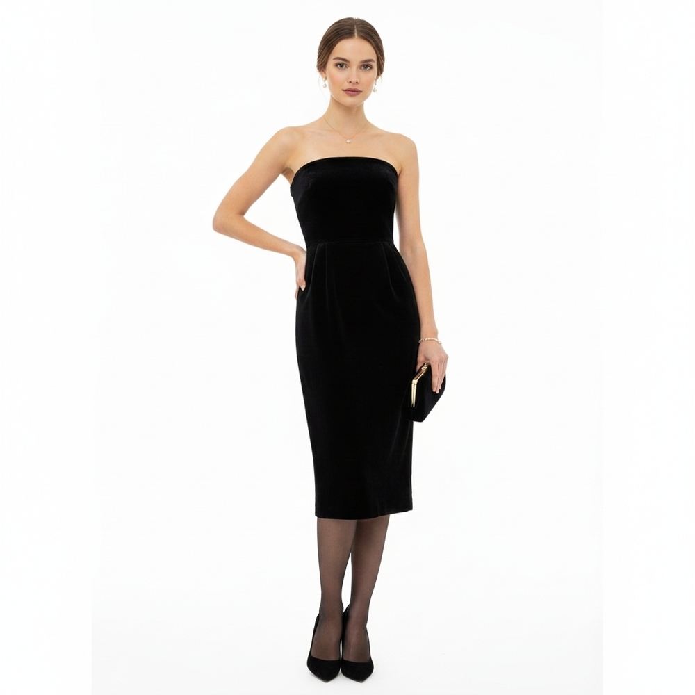 J.Crew Black Velvet Strapless Dress Empire Waist Silk Lined Pencil Dress US 6